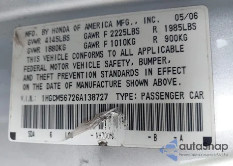 2006 Honda Accord 2.4 Ex from USA, damaged, VIN 1HGCM56726A138727